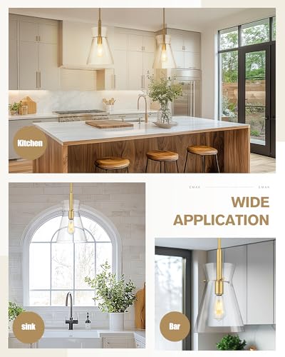 EMAK 9-Inch Modern Pendant Light with Clear Glass Shade - Brushed Gold, Adjustable Height, Kitchen Island Lighting - Variation of Brushed Gold / 1