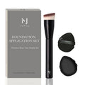 Foundation Brush with Makeup Puffs Set, Flat Top Brush + 2 Soft Makeup Sponges for Seamless Base & Detail Blending