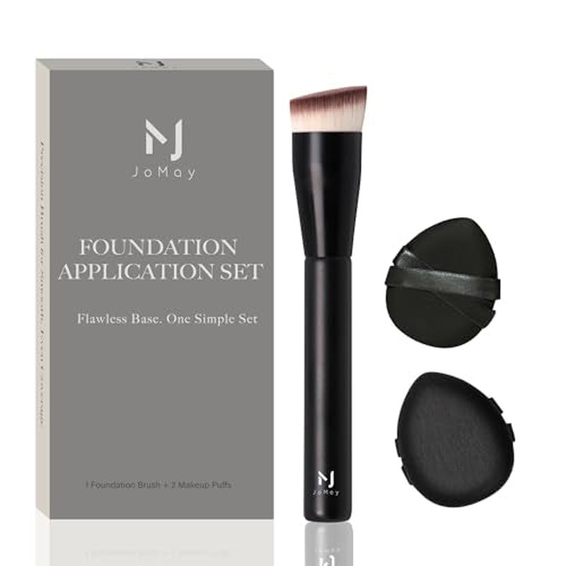 Foundation Brush with Makeup Puffs Set, Flat Top Brush + 2 Soft Makeup Sponges for Seamless Base & Detail Blending