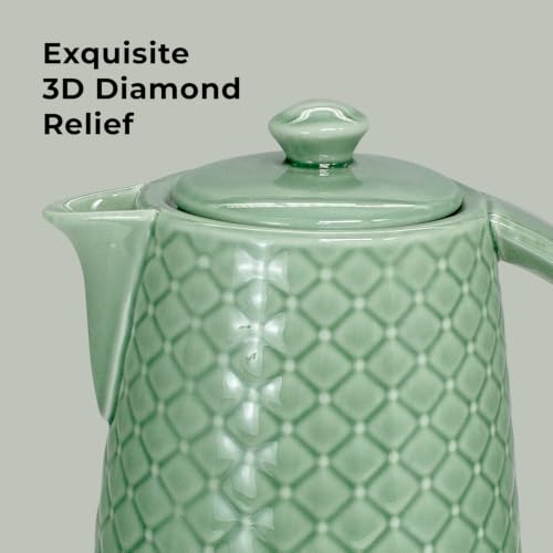 1.5L Ceramic Electric Kettle - Green Embossed Relief Design, Fast Boil, Auto Shut-Off