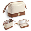 2-In-1 Jewelry Box and Makeup Bag with Mirror - Versatile Travel Jewelry Holder Organizer Cosmetic Bag, Portable Toiletry Bag with Integrated Jewelry Makeup Case for Women Men (White & Brown)