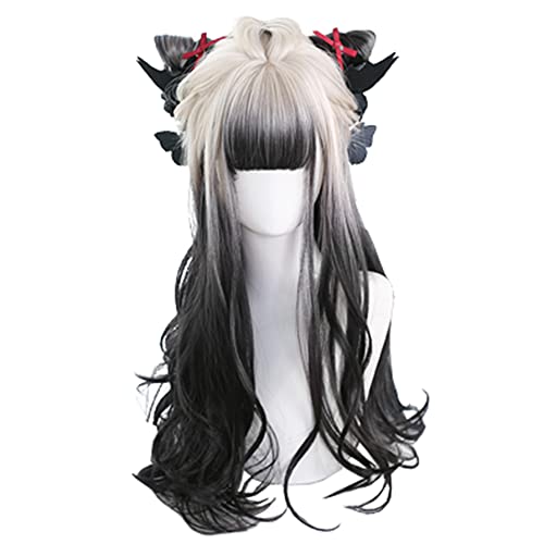 Wavy Long Black White Synthetic Hair Lifelike Daily Sweet Lolita Japanese Hot Princess Cosplay Party Natural Female Wigs with Bangs