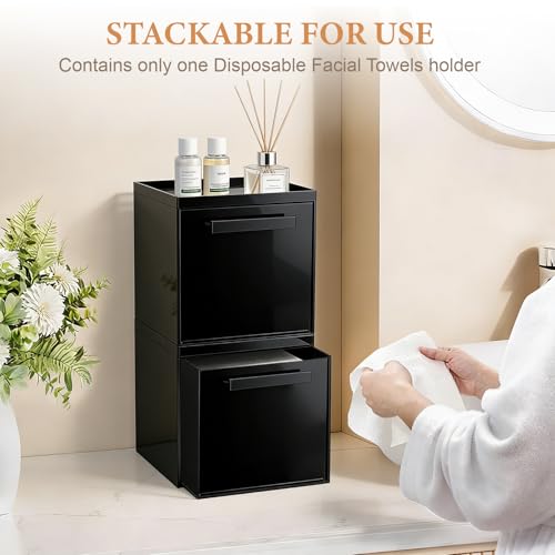 Disposable Face Towels Holder Set with 2 Qtip Organizers - Black