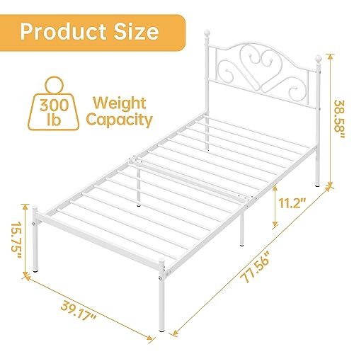 White Twin Bed Frame with Heart Headboard - Heavy Duty Metal Platform for Kids & Teens