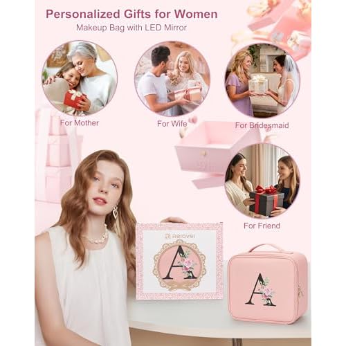 Relavel Initial Makeup Bag with LED Mirror for Women Girls, Personalized Travel Cosmetic Organizer Train Case, Birthday Gifts for Grandkids Bridesmaid Graduation Teacher Friends, Trendy Stuff, Pink K