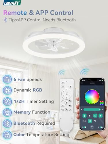 LEDIARY 20 Inch RGB Ceiling Fan with Lights & Remote - White Modern Flush Mount Fan with Dimmable & Reversible Features