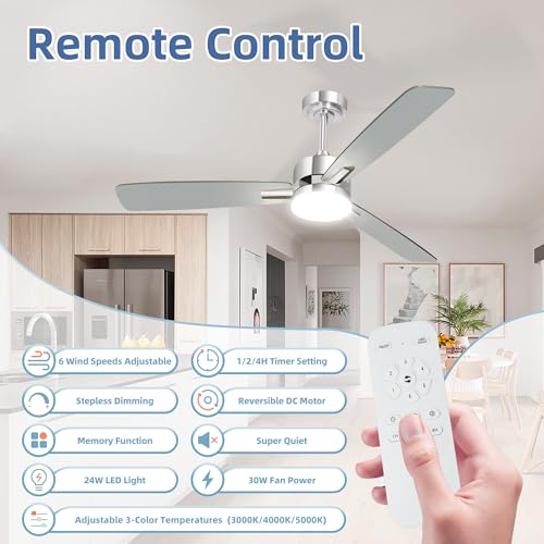 52 Inch Modern Nickel LED Ceiling Fan with Light and Remote - Sand Nickel