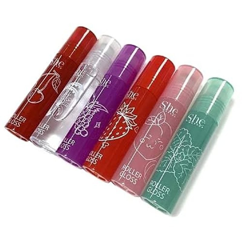 Fruity-Pop Roller Gloss by S.he Makeup; Smooth Glass Like Shine Lip Glosses, Complete Set of All 6 Flavor Scents 0.22oz 6.3g Clear