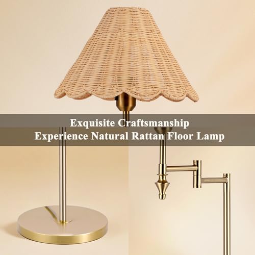 Boho Rattan Floor Lamp with Swing Arm, Adjustable 310° Natural Standing Reading Light