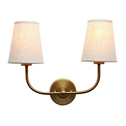 Brass Gold Double Wall Sconce with Linen Beige Fabric Shades - 2 Light Vintage Fixture - Hardwired with Variation Brass Gold / 1 Pack-2 Light-Hardwired