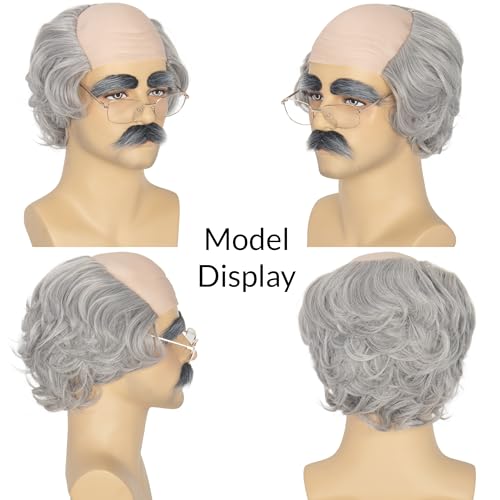 Grey Grandpa Old Man Wig with Mustache Eyebrows Glasses - Costume Accessory