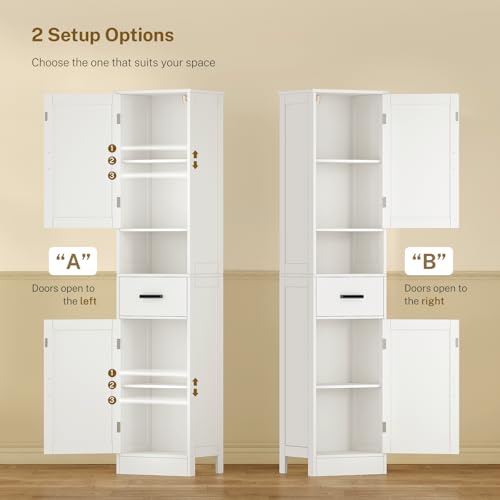 White Tall Bathroom Storage Cabinet with Barn Doors and Drawer - 67 Inch