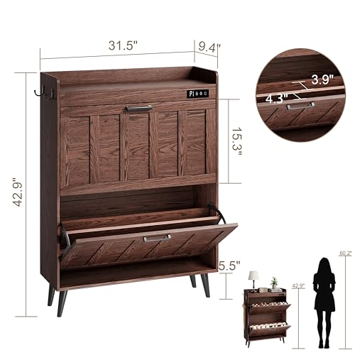 Walnut Shoe Storage Cabinet with 2 Flip Drawers and Deodorizer - Narrow Rustic Entryway Organizer
