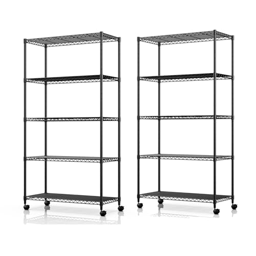 Simple Deluxe Heavy Duty 5-Shelf Storage Shelving Unit 1250lbs Capacity Black 2 Pack - Adjustable & Mobile