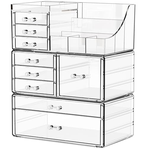 Yieach 9-Drawer Clear Makeup Organizer for Vanity & Bathroom, Stackable Acrylic Storage
