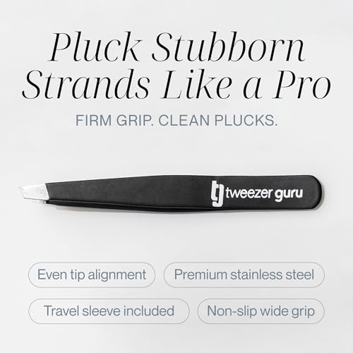 Tweezers Set 5-piece - Tweezer Guru Stainless Steel Slant Tip and Pointed Eyebrow Tweezer Set - Great Precision for Facial Hair, Ingrown Hair, Splinter and Blackhead Remover (Black) (5-Pack)