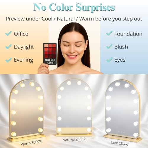 LUXFURNI Arched Hollywood Vanity Mirror with Lights - Gold, 20.5L x 13W