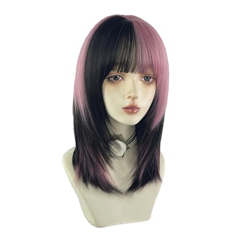 WKLOUYHE Women's Short Straight Wig with Bangs - Shoulder Length Bob, Heat Resistant Synthetic Hair, Black & Pink