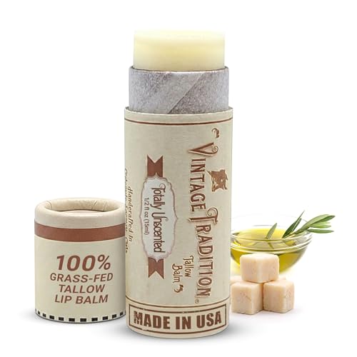 Unscented Grass-Fed Tallow Lip Balm for Dry Lips - Totally Unscented, 0.5 oz