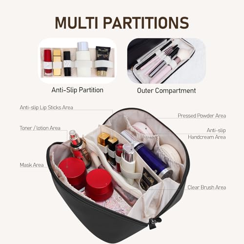 ETTP Waterproof PU Leather Large Capacity Cosmetic Bag for Women with Divider & Handle - Travel Makeup & Toiletry Organizer (Black)