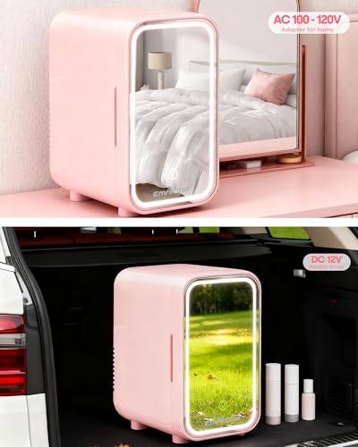 Enventor Pink 6L Mini Skincare Fridge with LED Mirror & Dual Cooling Modes
