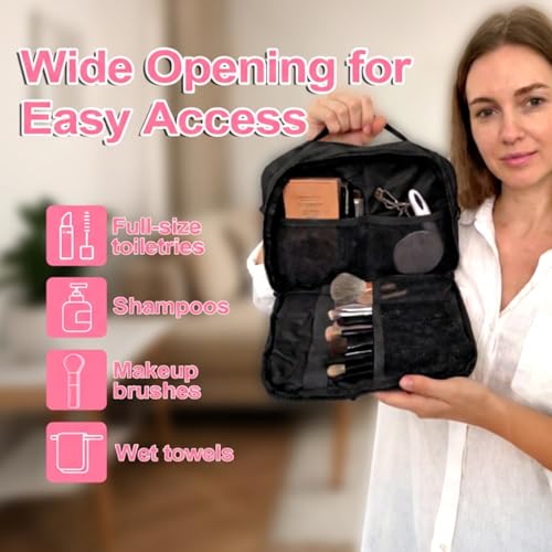 Travel Toiletry Bag, Large Wide-open Travel Bag for Women with 1 Toiletries Travel Bottles, 3 Portable Toothbrush Cases, Makeup Bag Organizer with Handle for Accessories,Essentials, Toiletries, Black