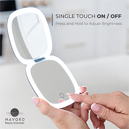 Mavoro LED Lighted Travel Makeup Mirror | 1x/10x Magnification | Rechargeable USB-C | Pocket & Purse Portable Lighted Travel Makeup Compact Mirror, Touch Sensor (Graphite Grey)