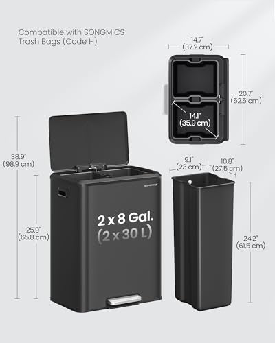 SONGMICS Stainless Steel Trash Can 2 x 8 Gallon, Black - Version 2