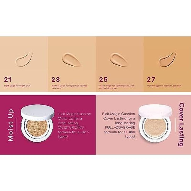 MISSHA Magic Cushion Foundation No.21 Light Beige for Bright Skin - Flawless Coverage, Dewy Finish, Easy Application for All Skin Types
