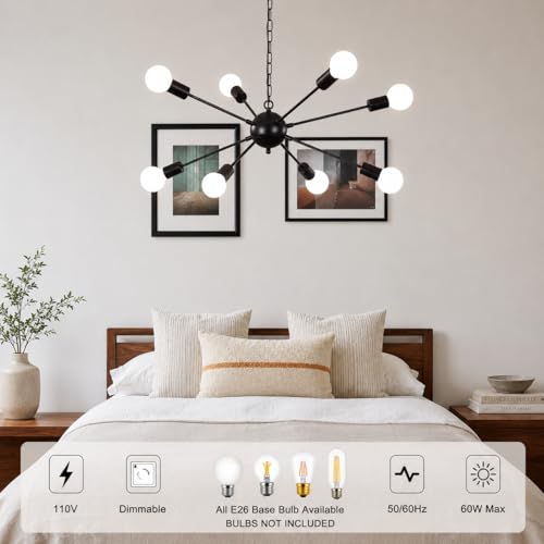 LASENCHOO 8 Lights Black Plug-in Chandelier with E26 Bulb Compatibility - Modern Sputnik Pendant Light Fixture