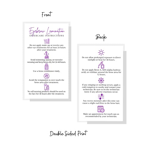 Brow Lamination Aftercare Card | 50 Pack | 2x3.5¡± inches Business Card Size | Starter Lift Kit At Home DIY Brow Lift and Tint | Snatched Brows White with Purple Design