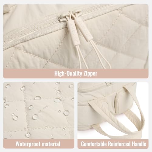 White Large Quilted Travel Toiletry Bag with Water-Resistant PVC & Mesh Pockets