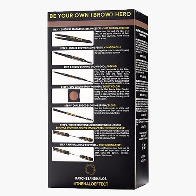 Arches & Halos - Ultimate Brow Hero Kit - Eyebrow Styling Makeup Kit, Pencil, Gel, Shading, Powder, Mousse, Natural and Bold Precise Brow Shaper - Hypoallergenic, Vegan - 7 Pc Kit, Medium