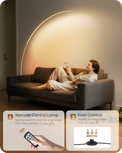 75-Inch Dimmable Gold Arc Floor Lamp with Remote & Foot Control - 3 Color Temperatures