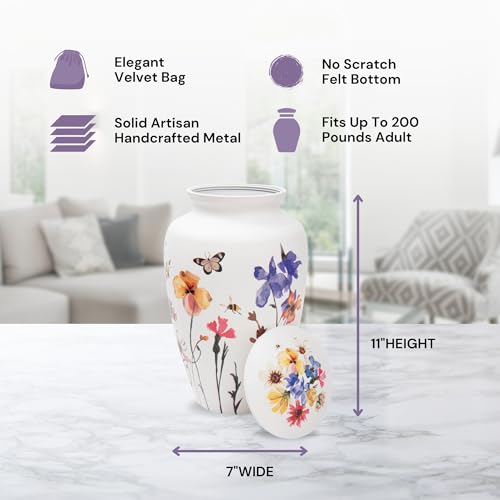 Always With Us Large White Wildflower Breeze Cremation Urn for Women – 11"H x 7"W, Holds Ashes