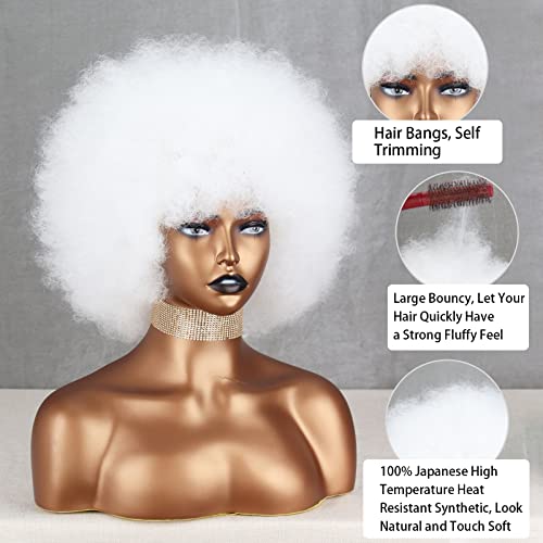 White Afro Wig for 70s Disco Costume - Short Bouncy Synthetic Style, Halloween & Party
