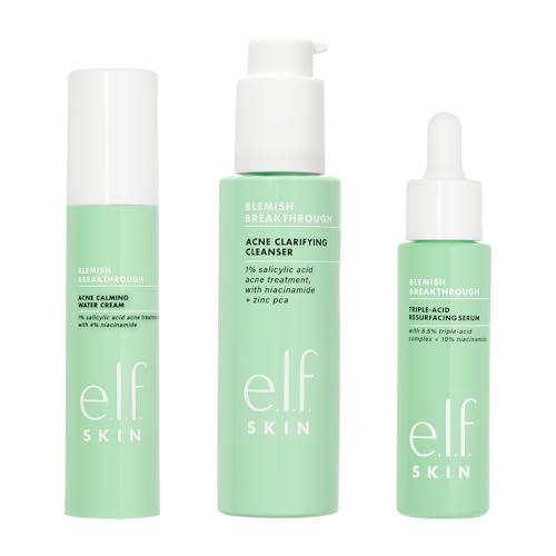 e.l.f. SKIN Blemish Breakthrough Routine, Includes Calming Water Cream, Clarifying Cleanser & Triple-Acid Resurfacing Serum, Vegan & Cruelty-Free