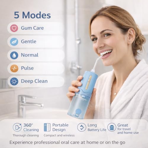 Cordless Water Flosser with 5 Pressure Modes & 4 Nozzles - Rechargeable Portable Dental Irrigator