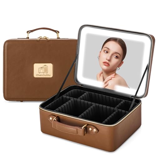 Gdsshuhung Brown Makeup Bag with LED Mirror - 11.5-inch Travel Cosmetic Organizer