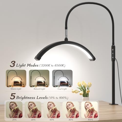 Half Moon Light with Clamp, LED Manicure Table Lamp, Desk Lamp for Nail Desk, Eyelash Extensions, Skincare and Tattoo, 5 Brightness Levels and 5 Color Modes, Remote Control (Black)