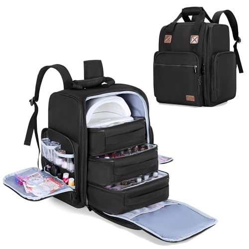 BAFASO Nail Polish Organizer Backpack Holds 105 Bottles (15ml - 0.5fl.oz) and a Nail Lamp, Nail Polish Backpack with 3 Removable Pouches and Multiple Tools Storage Pockets (Patented), Black