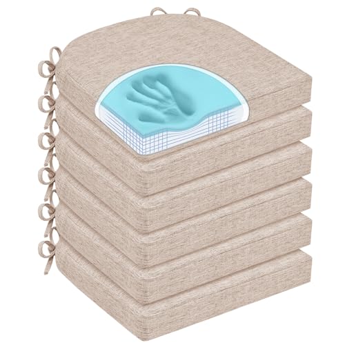 Oatmeal Beige Set of 6 Memory Foam Chair Cushions for Dining Chairs with Non-Slip Ties