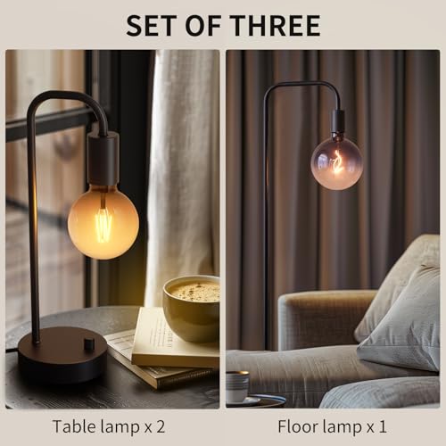 Industrial Lamp Set 3 Piece - Floor & Dimmable Table Lamps with Gradient Black Globe Bulb - Modern Home Decor - Variation of Lamp Set
