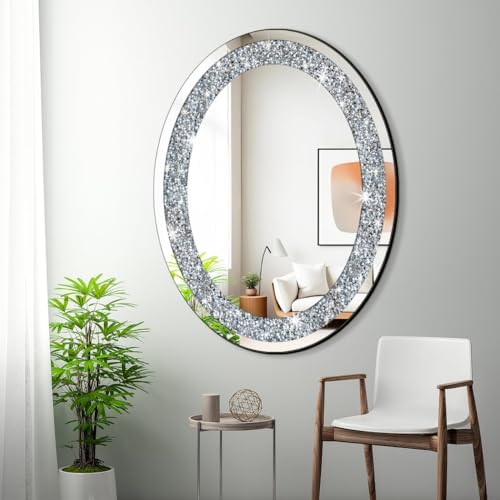 DMDFIRST 32x24 Inch Frameless Oval Crystal Bling Mirror Wall Decor - Silver