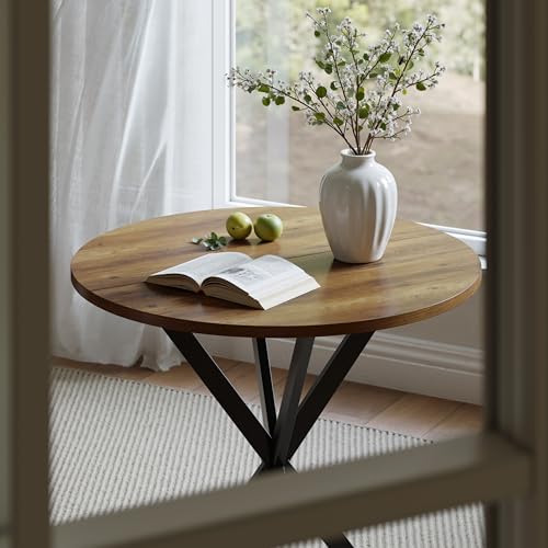 Unovivy 31.5 Inch Round Dining Table for 2-4 with Light Brown Finish - Space-Saving Small Kitchen Table, Model: 31.5 x 31.5 x 29.53 Inches