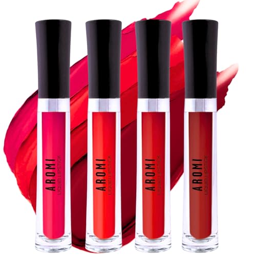 Aromi Matte Liquid Lipstick Bundle | Long-Lasting Lip Colors for Women, Magenta, Bright, True, Dark Red (Red Liquid Lipstick Bundle) | Matte Finish, Four Red Shades, Vegan, Cruelty-free, Long-Lasting