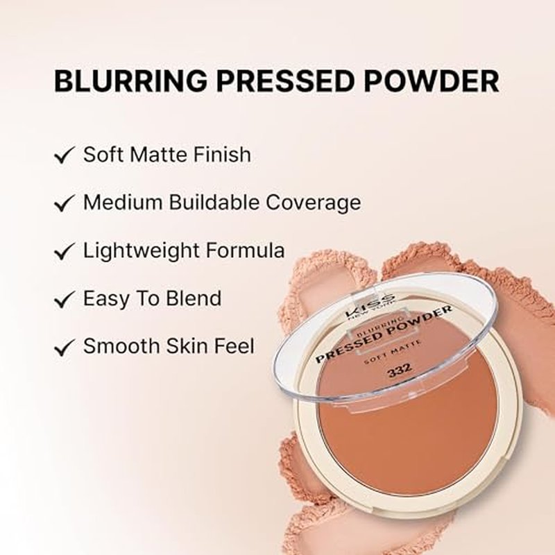 KISS NEW YORK Soft Matte Pressed Powder (Warm Honey) with Dual Ended Powder Brush Set, Blurring Poreless Face Powder Makeup, Medium Coverage Setting Powder Infused with Salicylic Acid & Niacinamide
