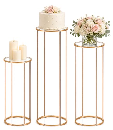 Gold Metal Cylinder Pedestal Stands 3-Pack for Party Decor & Cake Displays