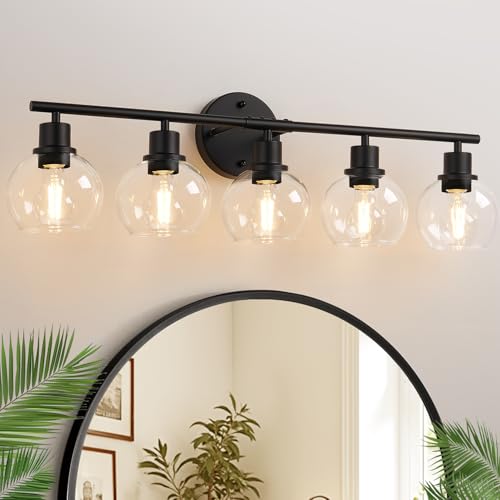 Matte Black 5-Light Bathroom Vanity Light Fixture with Clear Glass Globes - Reversible Wall Sconce for Bathroom, Bedroom, Hallway, Living Room, Porch - Indoi
