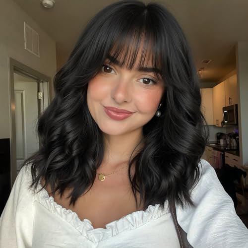 Black Short Wavy Bob Wig with Bangs for Women - 16 Inch Layered Curly Style - Variation: Black